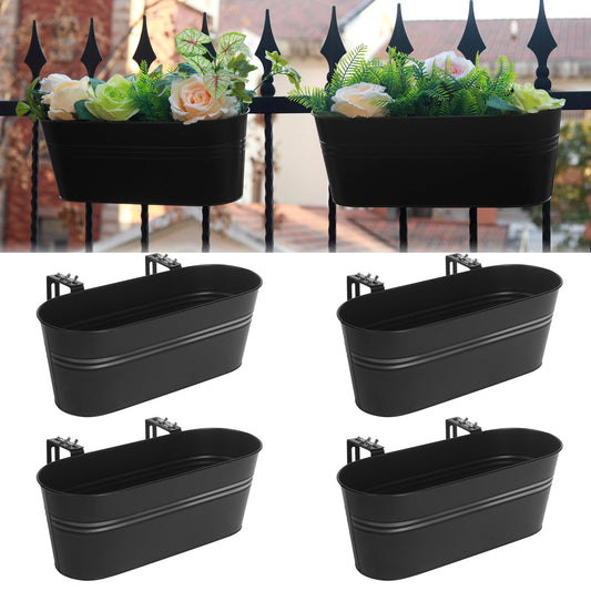 Holensun Railing Planter Box 16 Inch Metal Balcony Planters with Adjustable Brackets and Drainage Window Balcony Fence Deck Hanging Flower Pots for Outdoor Plants Apartment Patio Decor Black(4PCS)