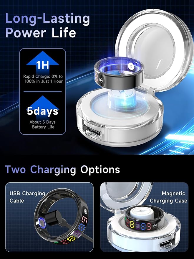 Smart Ring for Women Men, Health Ring Colorful Display, Fitness Tracker with Heart Rate, Blood Oxygen, Sleep Monitor, No Subscription Fee, 5ATM Waterproof for iOS & Android (Silver, 11)