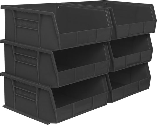 Akro-Mils Plastic Storage Bins - Space-Saving Stackable Organizers for Garage & Pantry | 11" x 11" x 5", Black, 6-Pack