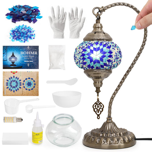 BOHMR DIY Turkish Mosaic Lamp Kit for Adults,Swan-Neck Stained Glass Lamp Making Kit- Easy,Fun,No Experience Needed, Mosaic Art & Craft Project Kits for Adults & Teens,Make Your Own Table Lamp,Blue