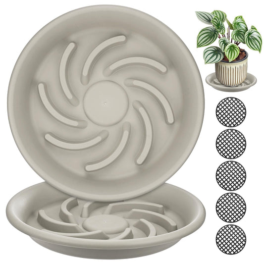 M METERXITY 2-Pack Plant Saucer, 10.4 Inch/ 26.5cm Plastic Plant Trays Thicker for Pots/Indoor/Outdoor/Water Drainage and Protection, Flowerpot Drip Tray [Grayish White]