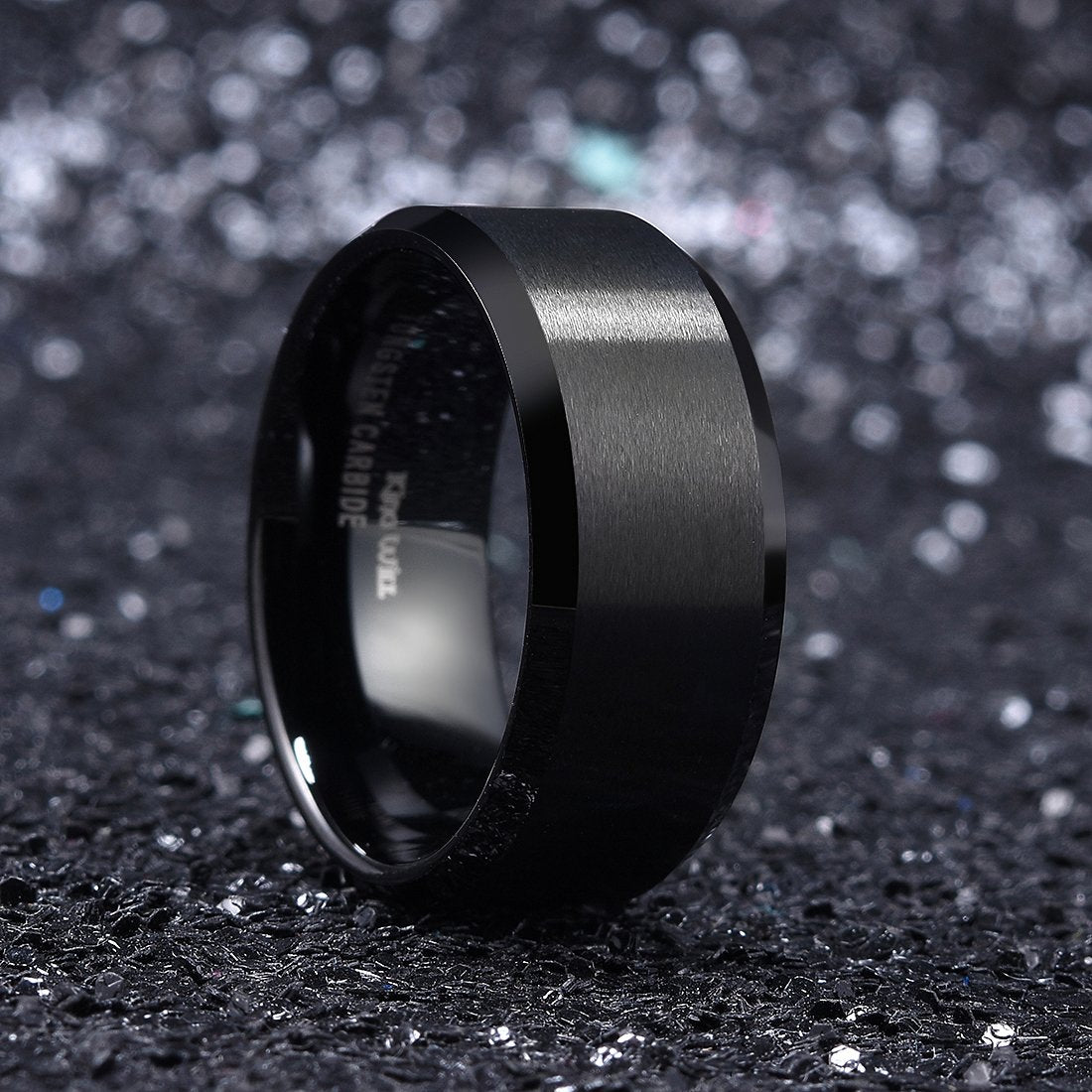 King Will 10mm Men's Black Wedding Ring - Brushed Matte Surface, Beveled Polished Edge, Comfort Fit Size 7