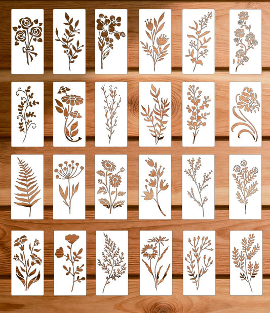 24 PCS Stencils for Crafts Reusable, Flower Leaf Texture Mixed Stencils for Painting, Geometric Spider Web Templates Abstract Layering Spray Paint on Wood Furniture Card Canvas Paper Scrapbook