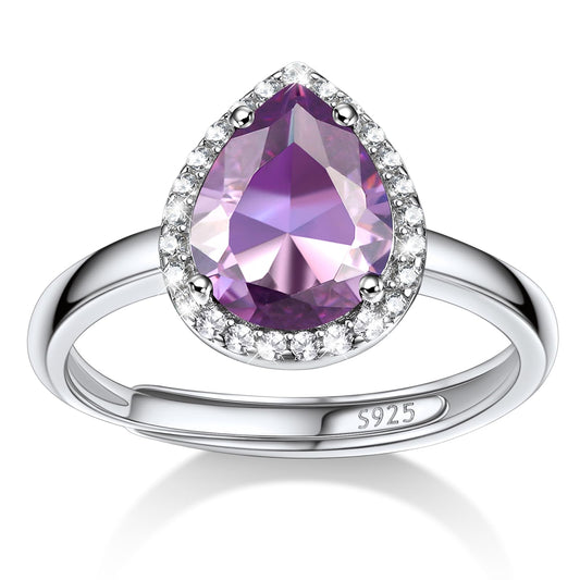 Bestyle Flattering June Alexandrite Teardrop Crystal Rings Halo Cubic Zirconia Rings for Women Dainty 925 Sterling Silver Hypoallergenic Adjustable Rings, Size #6-#12