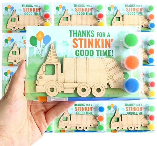 12 Pack Garbage Truck Party Favors for Kids – Individually Wrapped Paint Your Own Wooden Magnet Craft Kits with Thank You Card, Trash Day Birthday Supplies for Boys & Girls
