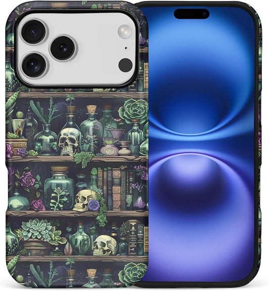 Akinmi 17 17 Case for iPhone Pro,Skeleton Bookshelf Flowers Exquisitely Pattern Double Protective Phone Cover Cases
