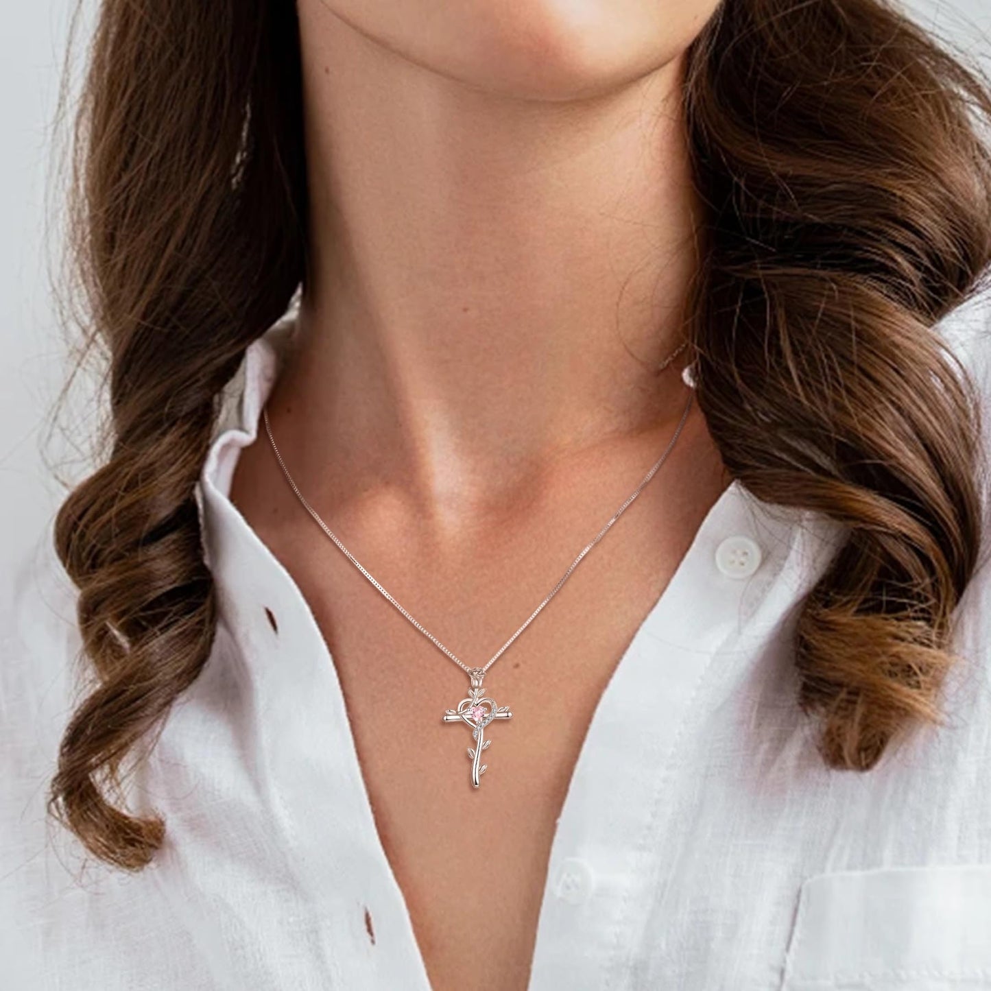 STARCHENIE Rose Cross Necklace 925 Sterling Silver Heart Crucifix Pendant Created Pink Tourmaline Jewelry for Women