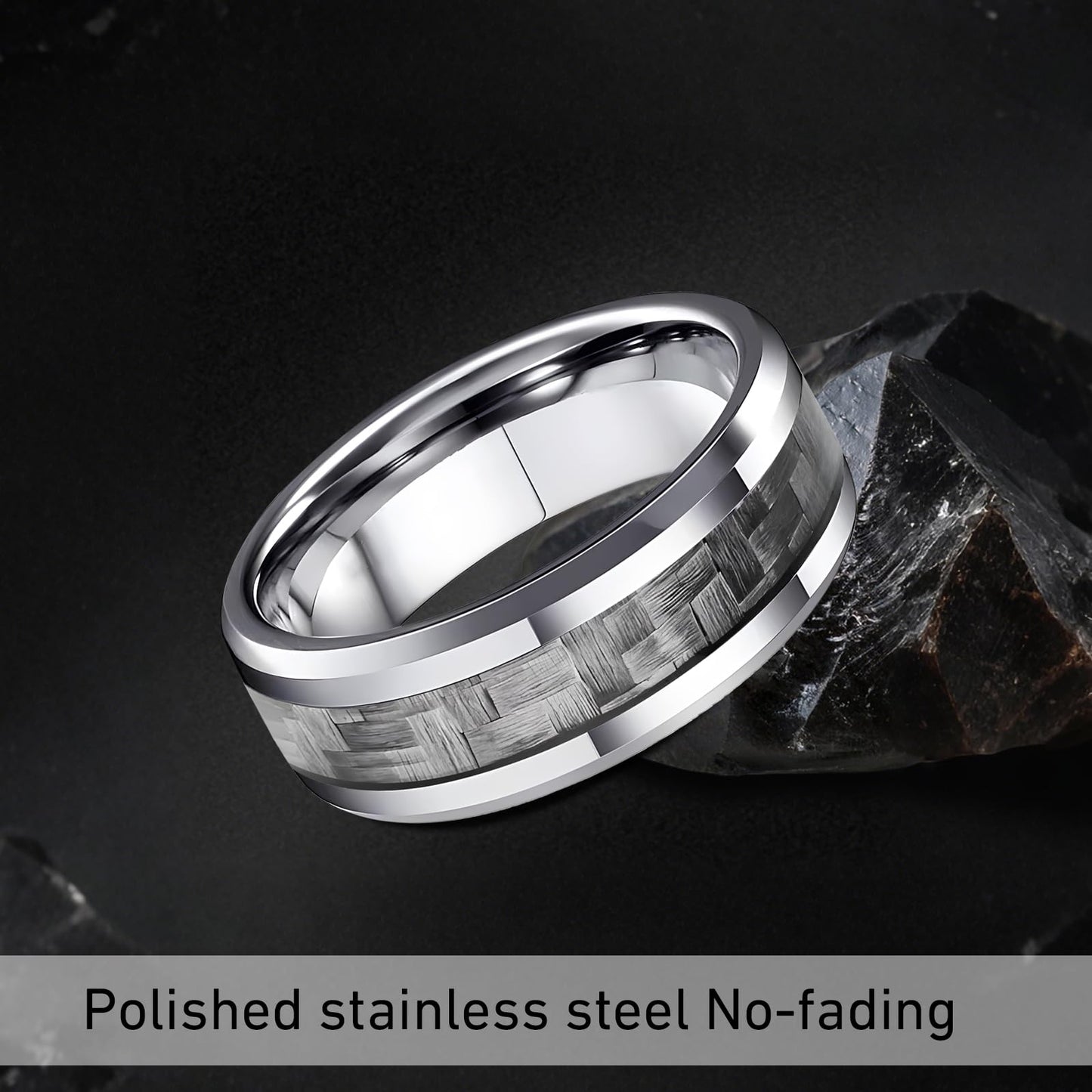 HJIMMNHONG New Carbon Fiber Fashion Rings Double Beveled Edge Delicate Polished Simple Stainless Steel Mens and Women Rings,8mm,Grey,Size8