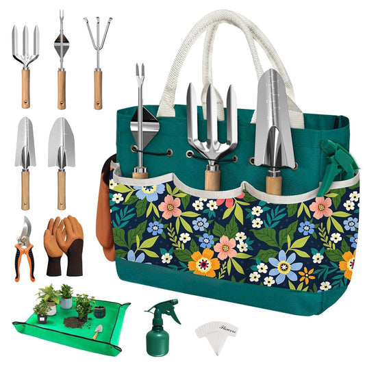 22Pcs Gardening Tools Set for Women Heavy Duty Garden Hand Tools Kit Birthday Gifts for Mom Wife Grandma Beginner Gardening Accessories with Tote Bag/Shovels/Repotting Mat/Plant Labels/Gloves