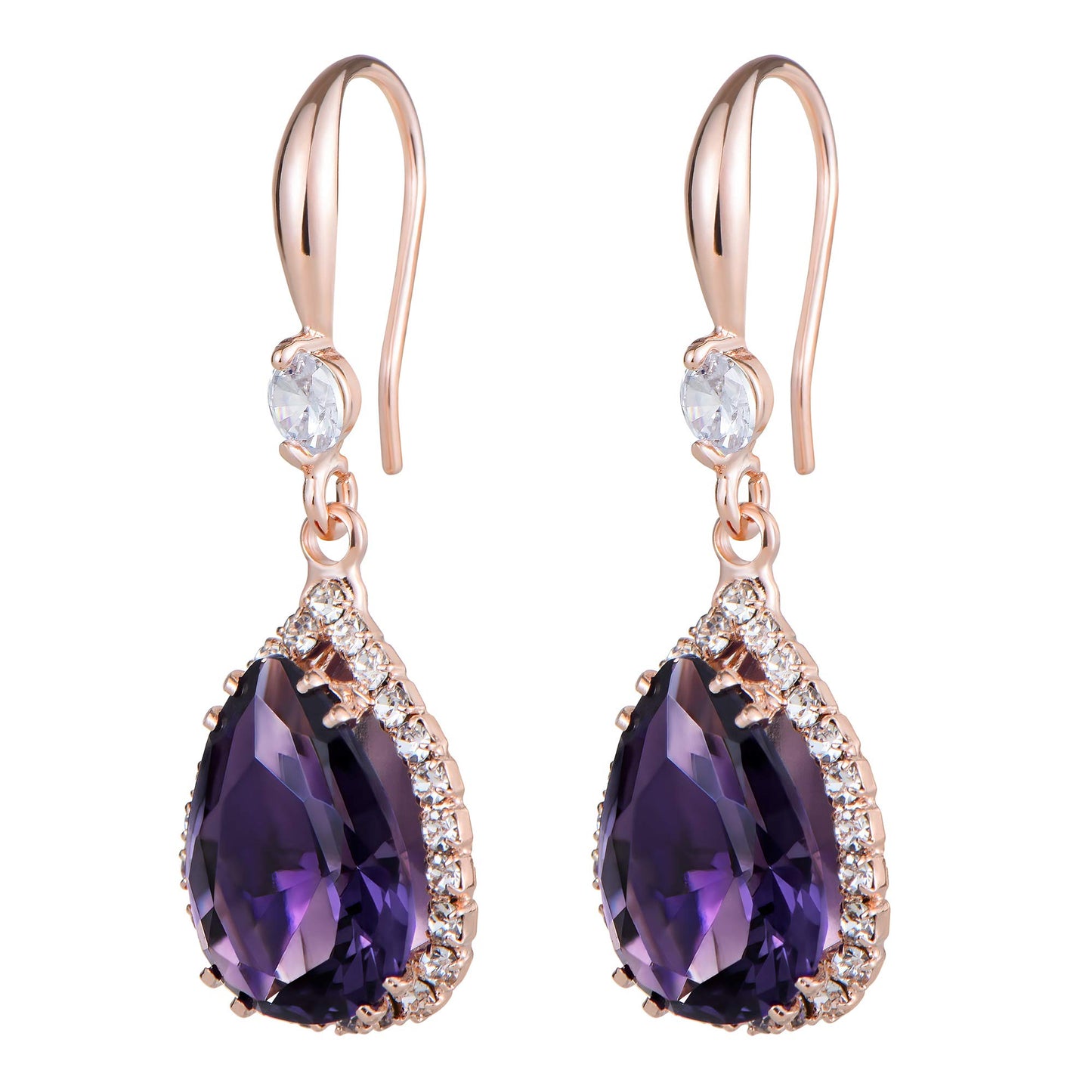 Linawe Purple Dangle Earrings Rose Imitation Gold Plated, Imitation Diamond Drop Chandelier Earrings for Women Trendy, Rhinestone Lab Created Amethyst Crystal Teardrop Dangly Earrings