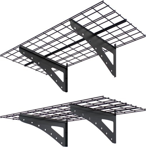 Garage Shelving | Wall Mounted Heavy Duty Set of 2 - 2 x 4 ft Floating Storage Racks, Black, 250 lbs Capacity