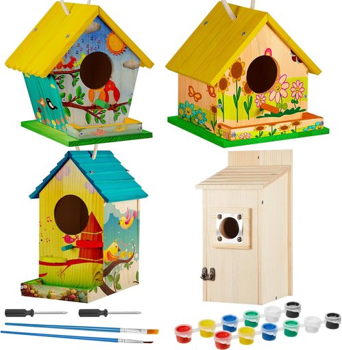 Liliful DIY Wooden Birdhouse Kit - 4 Pack Arts & Crafts Set with Paint & Brushes for All Ages | Indoor & Outdoor Fun