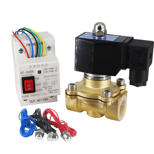 Adahill AC110V Brass Solenoid Float Valve - Automatic Water Level Control Switch for Water Tanks, Pools, Livestock Troughs and Irrigation Systems - 2A Current Rating, Normally Closed Design
