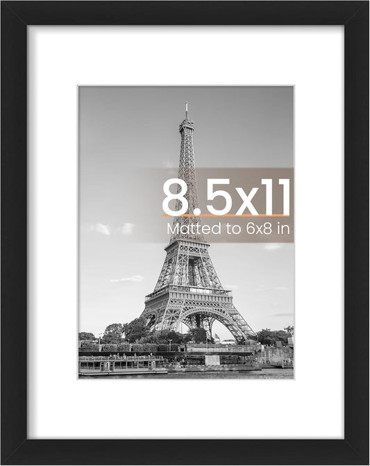 Upsimples 8.5x11 Picture Frame - Versatile Display for 6x8 Photos with Mat or 8.5x11 Without - Black, 1 Pack
