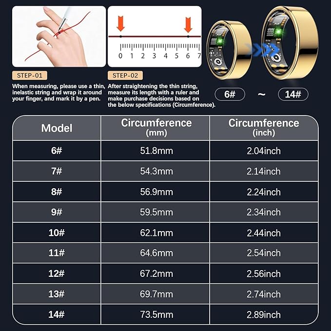 Ring Health Tracker for Women Men, Fit Ring with Heart Rate, Blood Oxygen, Sleep Monitor, Calories, Step Counter, IP68 Waterproof Smart Ring for iPhone & Android, No Subscription Fee (Gold, 12#)
