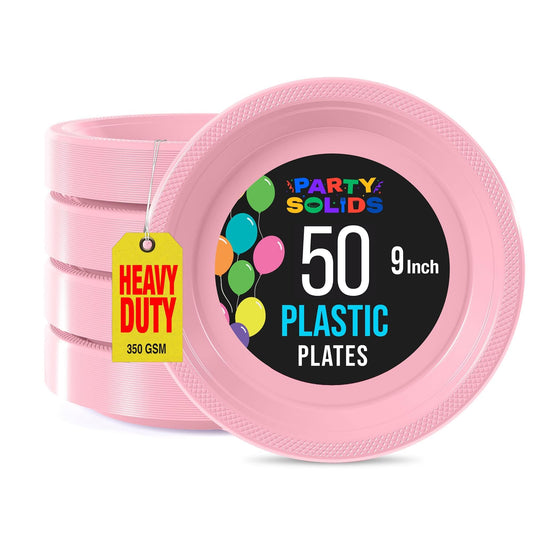 Exquisite Party Solids Pink Plastic Plates For Party Supplies 9" Pink Disposable Plates Heavy Duty 50 Pcs Plastic Dinnerware Sets Heavy Duty 350 GSM Disposable Dinnerware Set