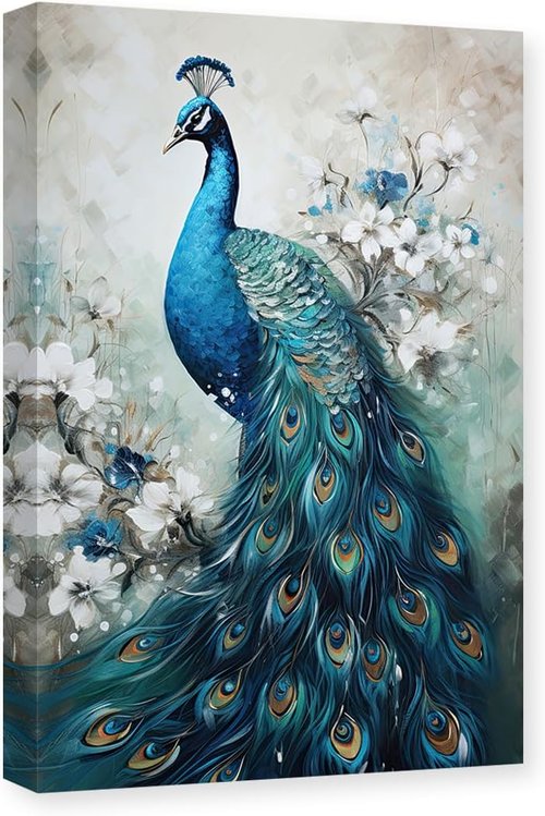 CXHOSTENT Peacock Canvas Wall Art - Vintage Blue Peacock & Floral Print Decor | 24" x 36" Frame