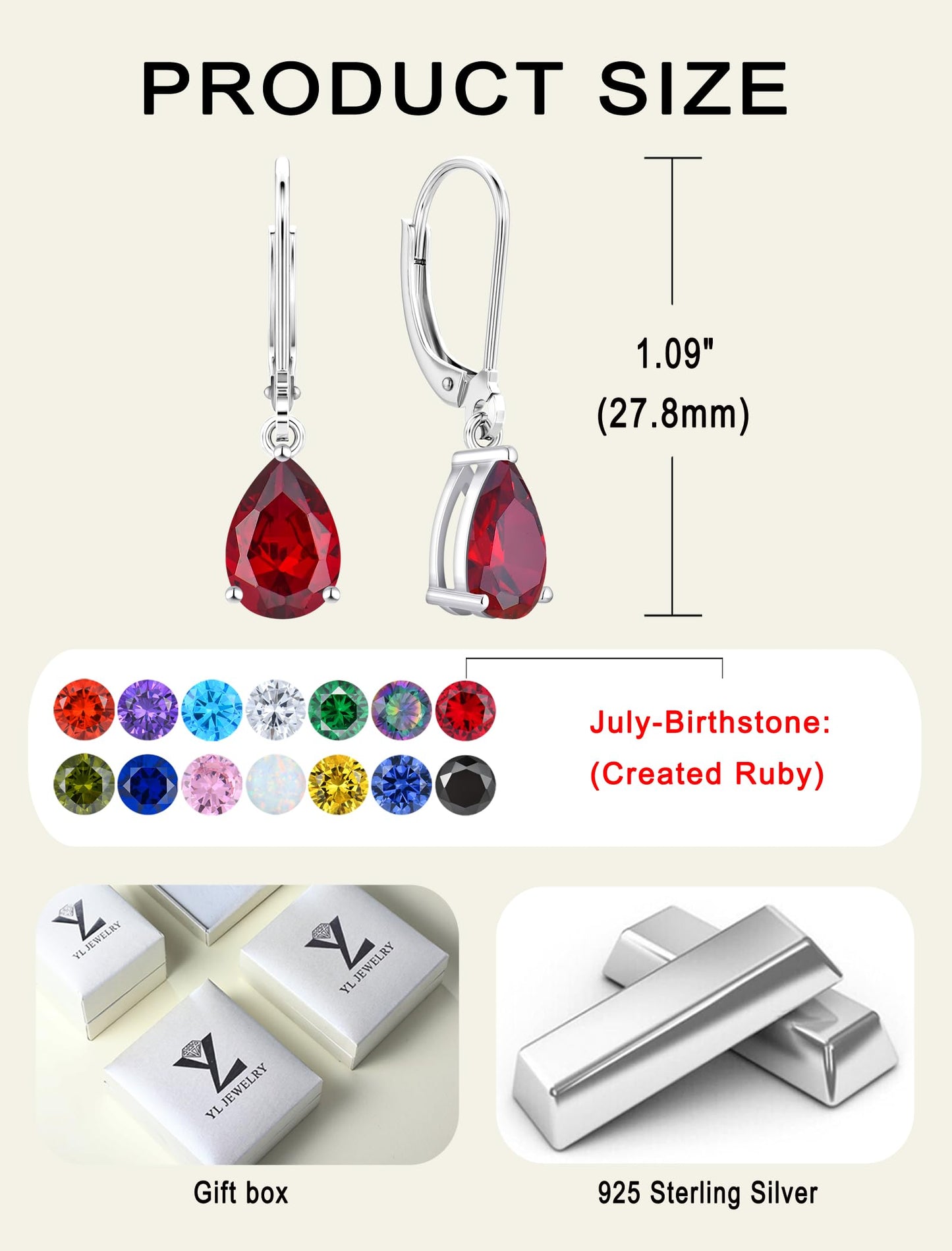 YL 925 Sterling Silver Teardrop Dangle Drop Earrings for Women 7x10 MM Solitaire Created Ruby Leverback Jewelry