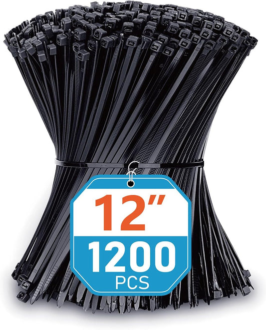 12 inch (1200 Pack), 50lbs Zip Ties Black, Tensile Strength, UV Resistant Cable Ties for indoor and outdoor by Karoka