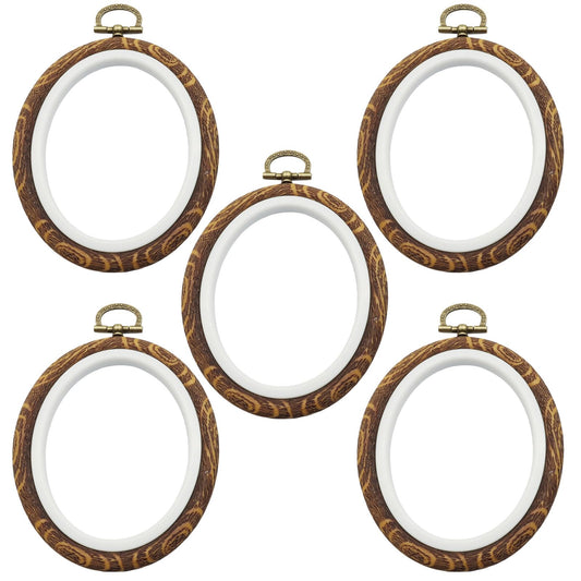 Bonsicoky 5 Pack Oval Embroidery Hoops, 9 Inch Wood Look Decorative Embroidery Hoop Set, PVC Imitated Wood Vintage Frames for Hand Embroidery & Cross Stitch Projects