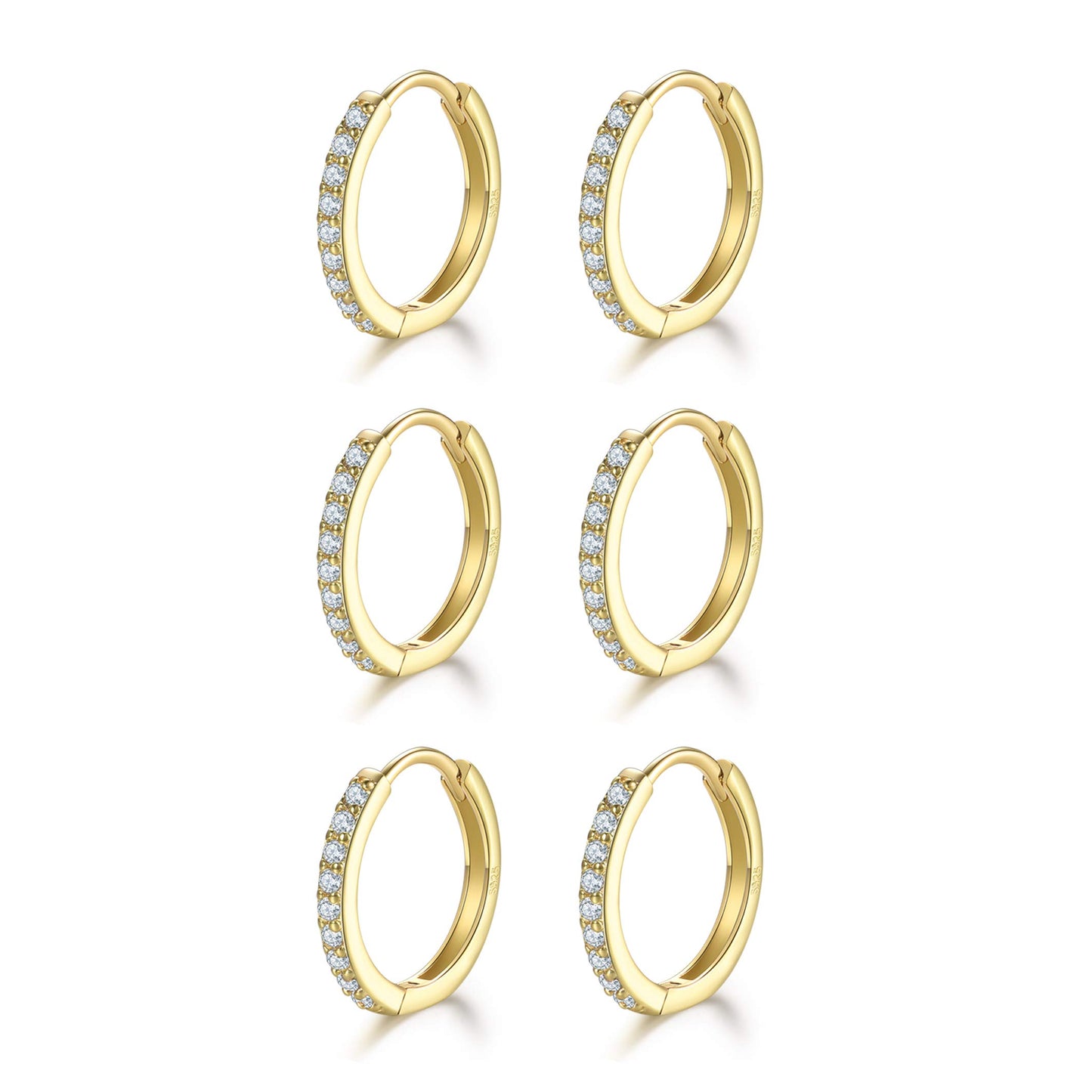 Cartilage Earring Hoop Gold Plated Sterling Silver Small Hoop Earrings Cubic Zirconia Cuff Huggie Mini Piercing for Women 3 Pairs 8mm