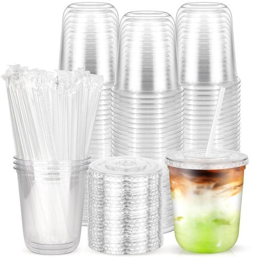 100PCS 12 oz Disposable Plastic Cups with Flat Lids and Clear Straws, Round Bottom To Go Iced Coffee Cups, Small Sturdy Drink Cups for Soda, Smoothies, Cold Beverage, Juice Bars, Takeout, Office