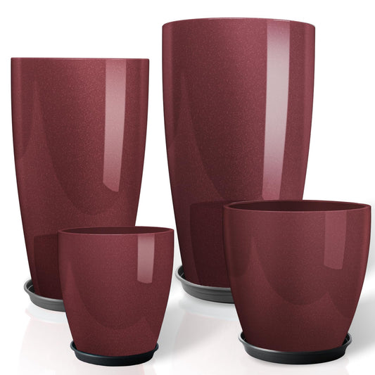 ZMTECH 24 21 12 10 Inch Tall Plant Pots for Indoor & Outdoor Use Set of 4, Large Plastic Planters with Drainage Hole and Saucer for Outside,Front Porch, Patio, Garden, Wine Red