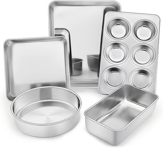 TeamFar Bakeware Set - Heavy-Duty Stainless Steel Baking Pans | 5-Piece Set with Cake, Loaf & Muffin Pans