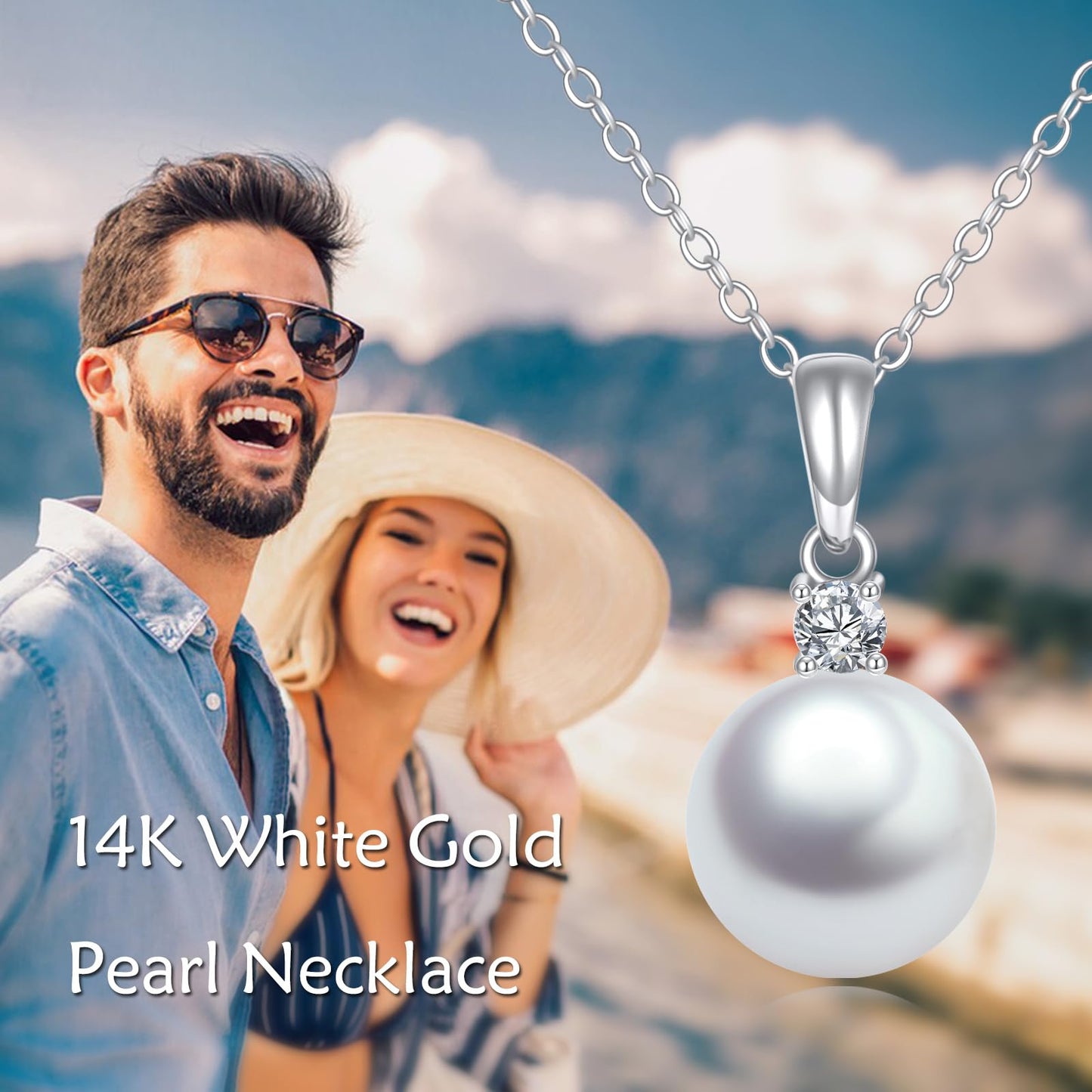 14K Gold Pearl Pendant Necklace for Women (Freshwater Cultured Pearl), Real Gold Present Jewelry Gifts for Wife Girlfriend Mother Mom, 16"-18" (3-white gold)