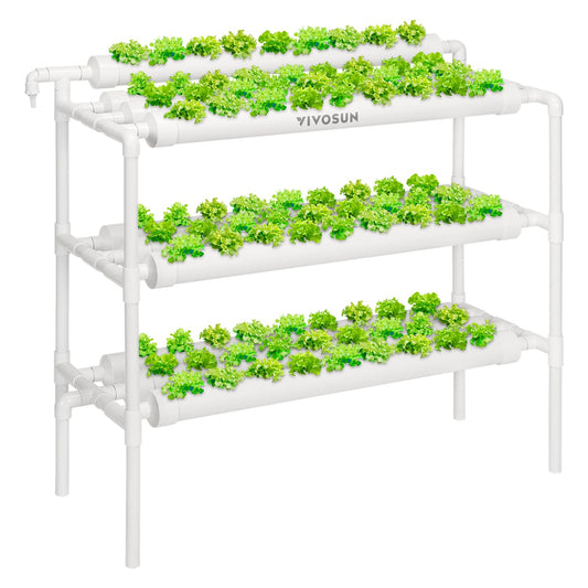 VIVOSUN Hydroponics Growing System 90 Plant Sites, 3 Layers 10 Food-Grade PVC-U Pipes Hydroponic Gardening System Grow Kit with Water Pump, Pump Timer, Nest Basket and Sponge for Leafy Vegetables