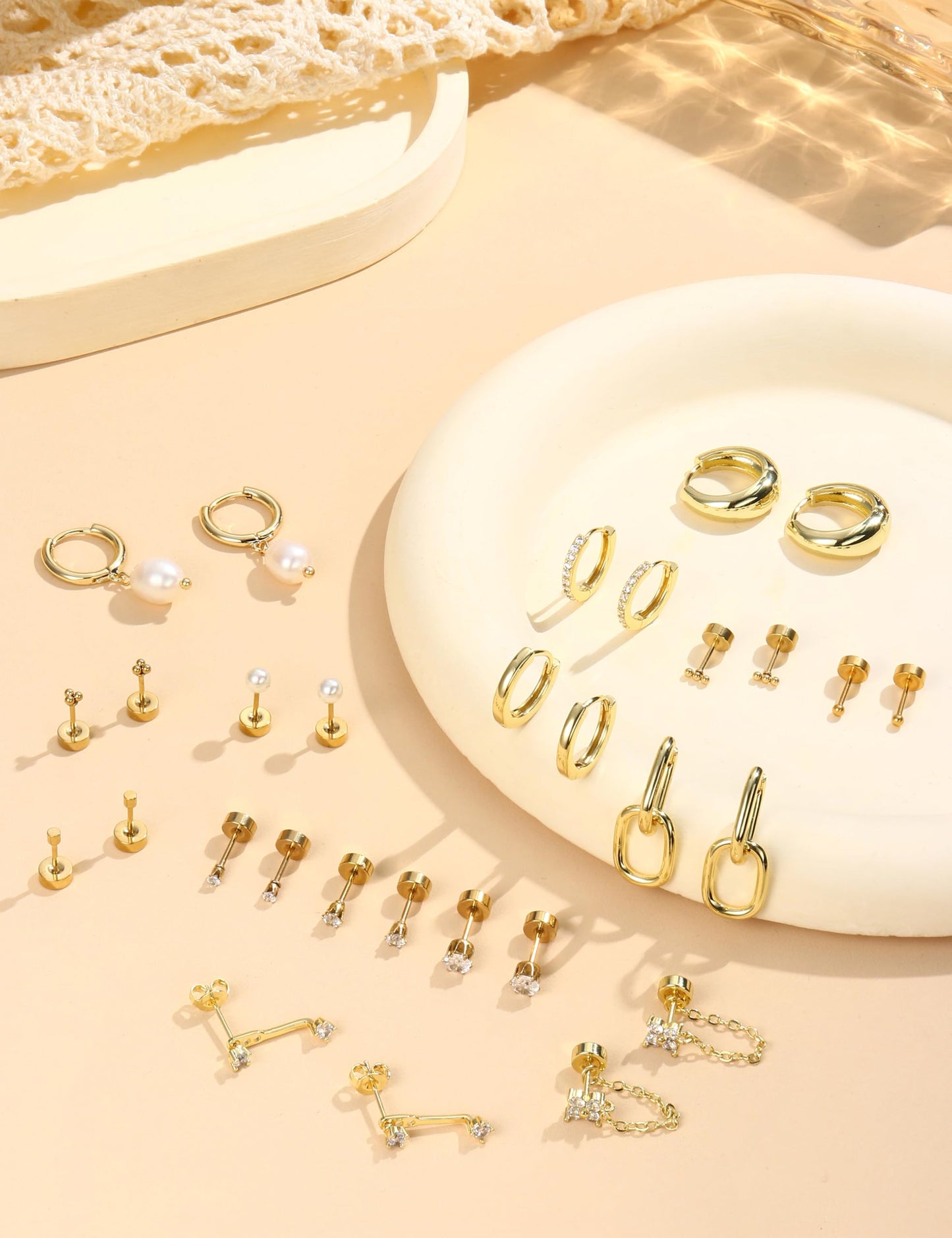 LOLIAS Flat Back Earrings for Women Hypoallergenic Surgical Steel Earrings for Sensitive Ears-20G Cartilage Earring Stacks 14K Gold Plated Hoops Flatback Stud Earring Sets for Multiple Piercing