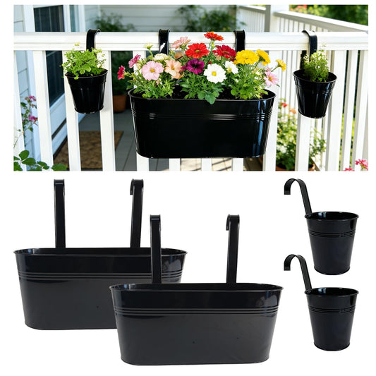Joyfernal Set of 4 Outdoor Metal Railing Planters Box - 2 Pcs 5.12" Round Balcony Hanging Planter & 2 Pcs 17" Oval Fence Pot with Detachable Hooks Drainage, Black