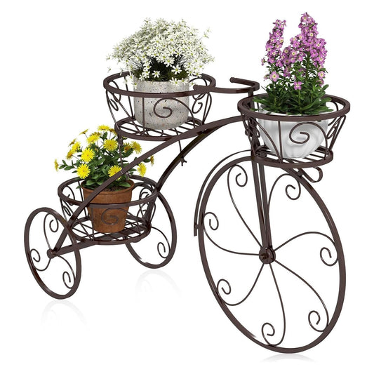Metal Bicycle Plant Stand,3-Tier Tricycle Planter with Hollowed Baskets,Flower Display Stand Cart with 3 Decorative Wheels,Tricycle Plant Stand for Outdoor Indoor Home Balcony Backyard(Bronze)