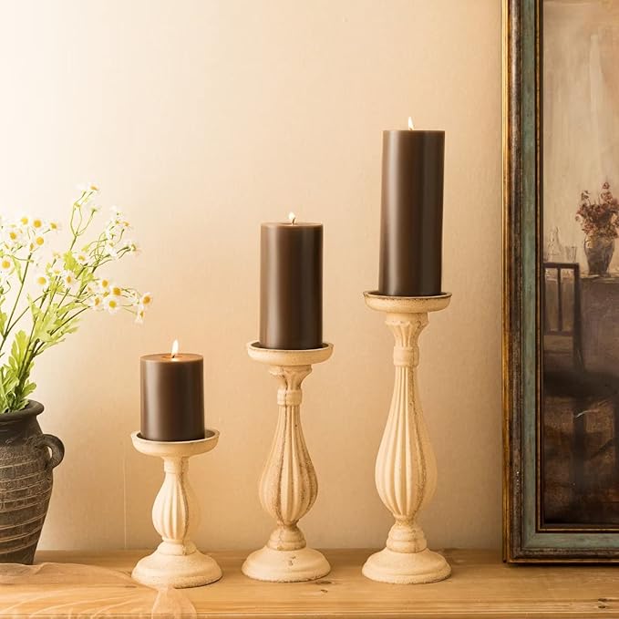MOZEAL 3" x 4" Hand-Poured Unscented Candle,Dripless Pillar Candle Set of 3,Long Clean Burning,Approx 72 Hours Burn Time,Rustic Country Style,Wedding,Dinner,Christmas and Home Decor,Brown