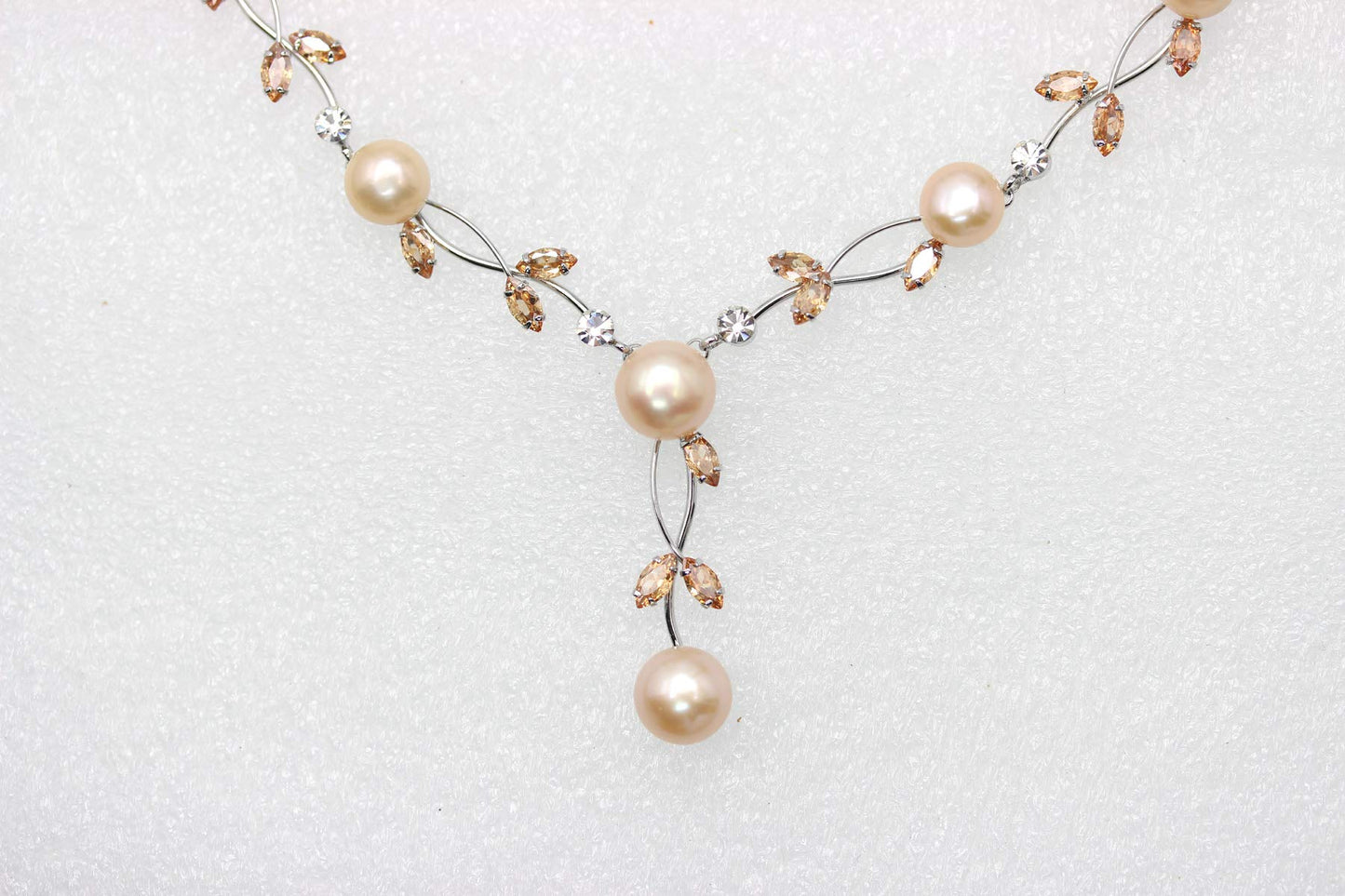 Faship Champagne Brown CZ Crystal Pink Genuine Freshwater Pearls Floral Necklace Earrings Set - Brown/Silver-Tone