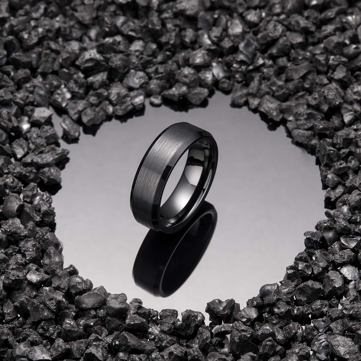 King Will 7mm Men's Black Wedding Ring - Brushed Matte Surface, Beveled Polished Edge, Comfort Fit Size 11