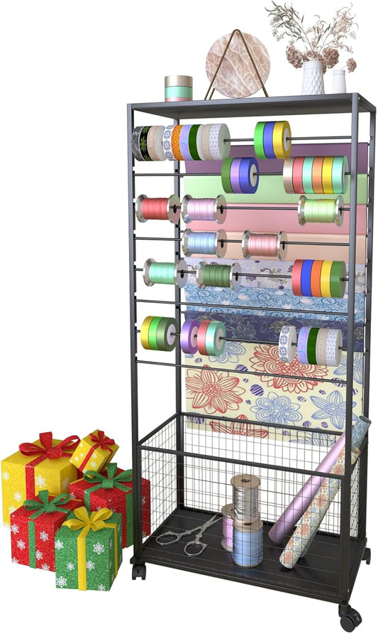Skiennix 16-Tier Ribbon Organizer Rack - Double-Sided Storage Holder with Wheels for Craft Room