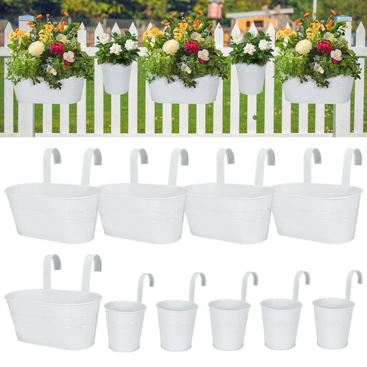 HowRU Metal Iron Flower Pots for Railing Fence Hanging Bucket Pots(5 Pcs) and Hanging Flower Pots Metal Iron Bucket Planter(10 Pcs) (White)