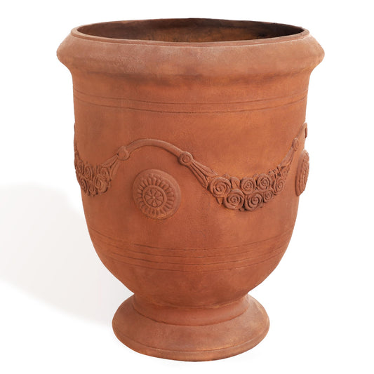 Worth Garden Large Urn Planter - 14" Dia x 16.5" H Lightweight Magnesium Oxide Plant Pot with Cement Texture - Rust-Like Finish Concrete Urn Planter with Drainage Hole for Indoor & Outdoor Decor