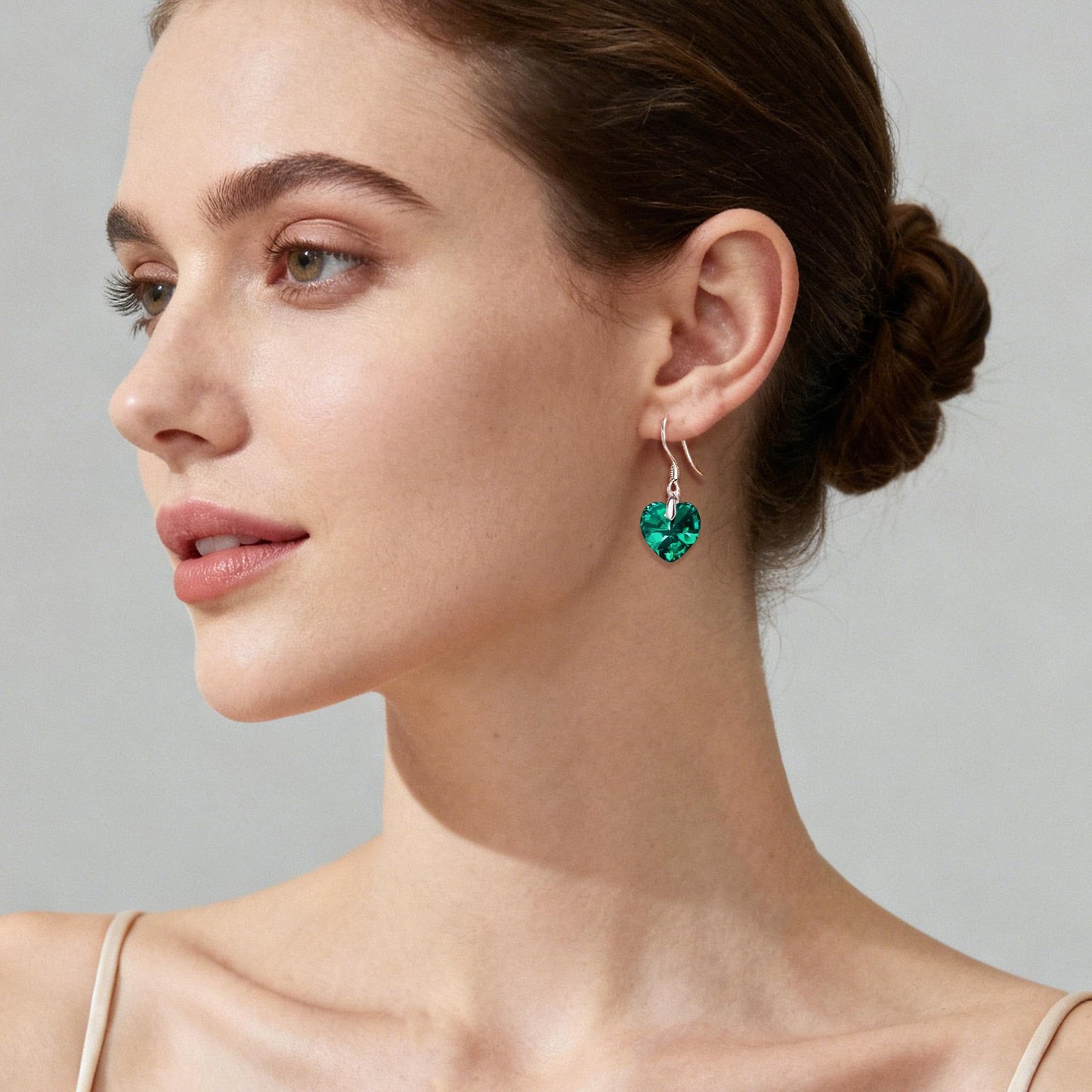 Austrian Crystal Heart Drop Dangle Earrings for Women 925 Sterling Silver Hook Hypoallergenic Earring (Emerald)