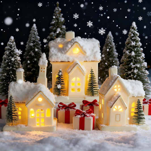 Skiennix White Ceramic Christmas Village Houses Set - 3 Light-Up Figurines with 4 Trees for Holiday Decor