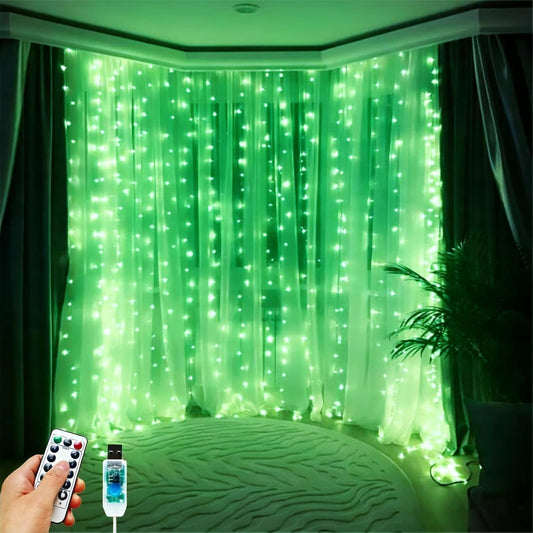Skiennix 300 LED Fairy Curtain Lights - 9.8 x 9.8FT Green USB Plug with 8 Modes & Remote for Christmas, Weddings, Indoor/Outdoor Decor