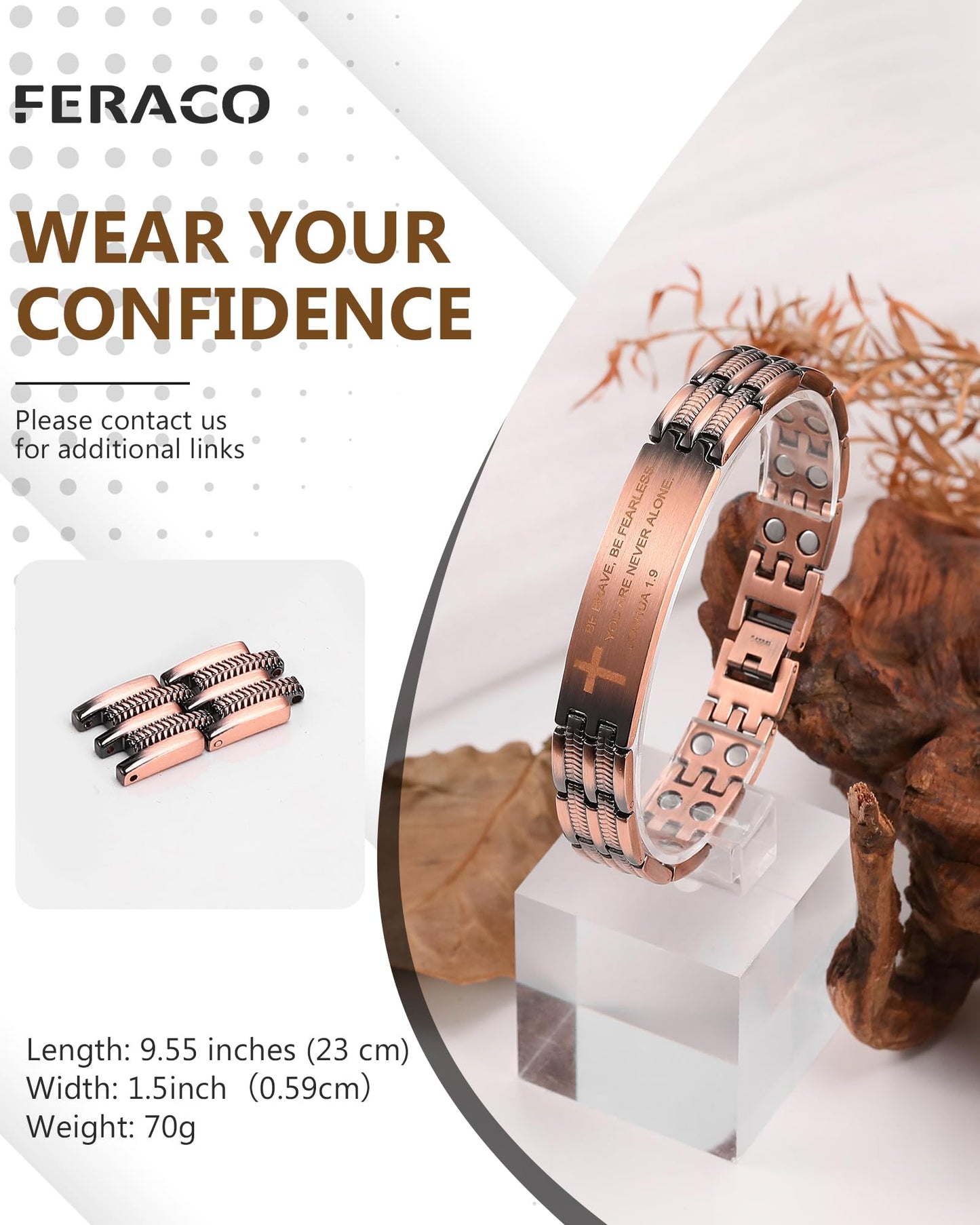 Feraco Copper Cross Bracelet for Men,Magnetic Therapy Cooper Bracelets with Magnets, Men's 99.99% Pure Copper Christian Jewelry