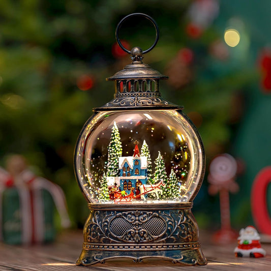 Regine Switzerland Christmas Snow Globe - Musical Water Lantern with Timer & USB/Battery Operation | Blue Church Design