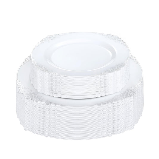 Bestluck 100 PCS White and Silver Plastic Plates for 50 Guests, Rose Gold Disposable Plates Include 50 PCS Dinner Plates, 50 PCS Dessert Plates for Party, Wedding and Baby Shower