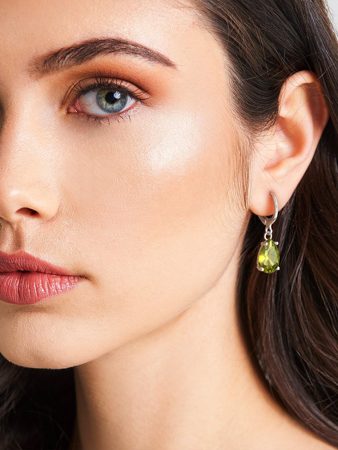 Bestyle Silver August Birthstone Drop Dangle Earrings - Created Peridot Teadrop Earrings for Women - Dainty Cute Small Silver Huggie Hoop Dangle Earrings for Birthday Wedding Party Gowns