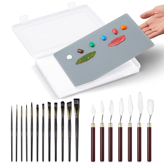 Nuanchu 22 Pcs Painting Starter Kit for Beginners, Tempered Glass Paint Palette, Stay Wet Palette Box with Lid, Brushes, Knives, Sponge, All-in-one Art Set Gift for Beginners, Artists & Painters