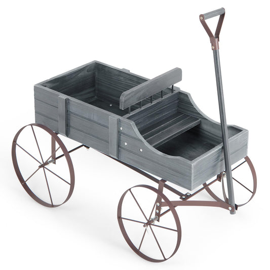 FIREFLOWERY Wooden Wagon Planter, Decorative Flower Pots w/ 2 Planting Sections, Wheels & Handle, Rustic Farmhouse Garden Planter Box for Patio, Yard, Porch (Grey)