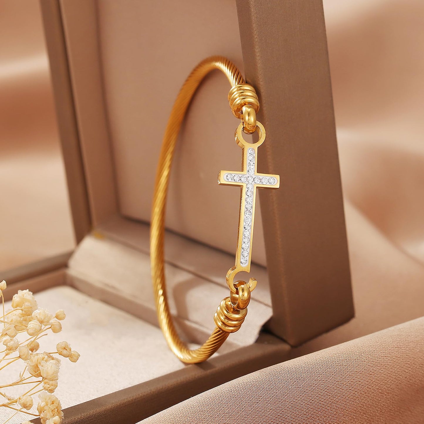 DS Religious Gift for Her Christian Cross Bracelet Bible Verse God is Within Her She Will Not Fall Inspirational Bracelets For Women Stainless Steel Jewelry Gift To Daughter Best Friend (Cross bracelet-Gold 8)
