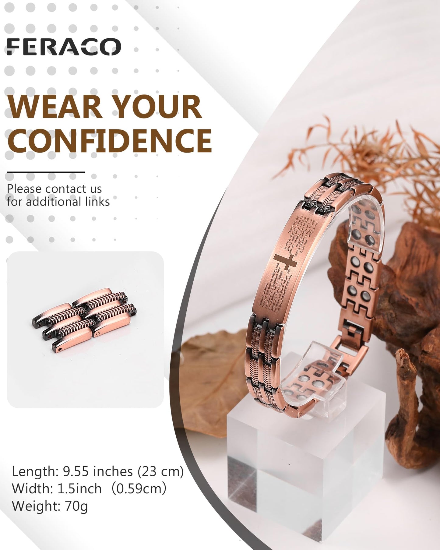 Feraco 2X Strength Magnetic Therapy Bracelets for Men Copper Bracelet with 3800 Gauss Neodymium Magnets